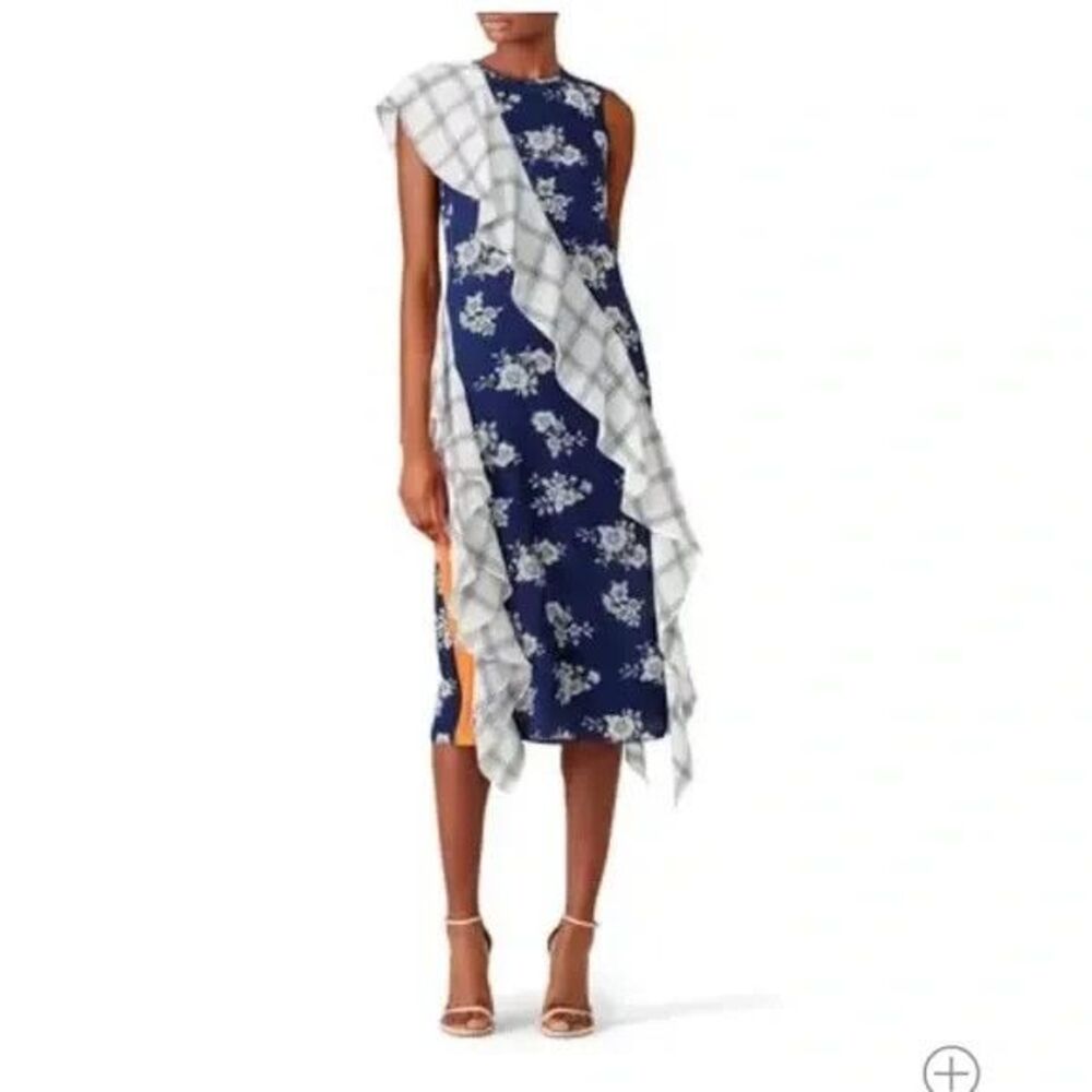 DELFI Collective Dress Midi Sash Multi Media Blue White Orange Cocktail Party